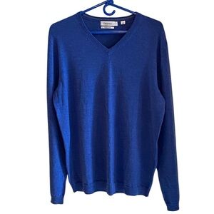 Calvin Klein Blue Extra Fine Merino Wool V-neck Sweater Fall Winter classic